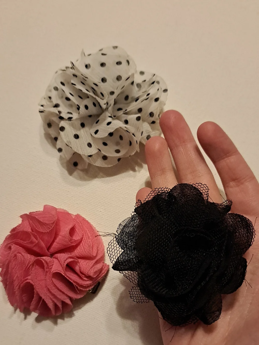 Set Of 3 Kids Floral Fabric Hair Clips - Pink, Black, White Polka Dot
